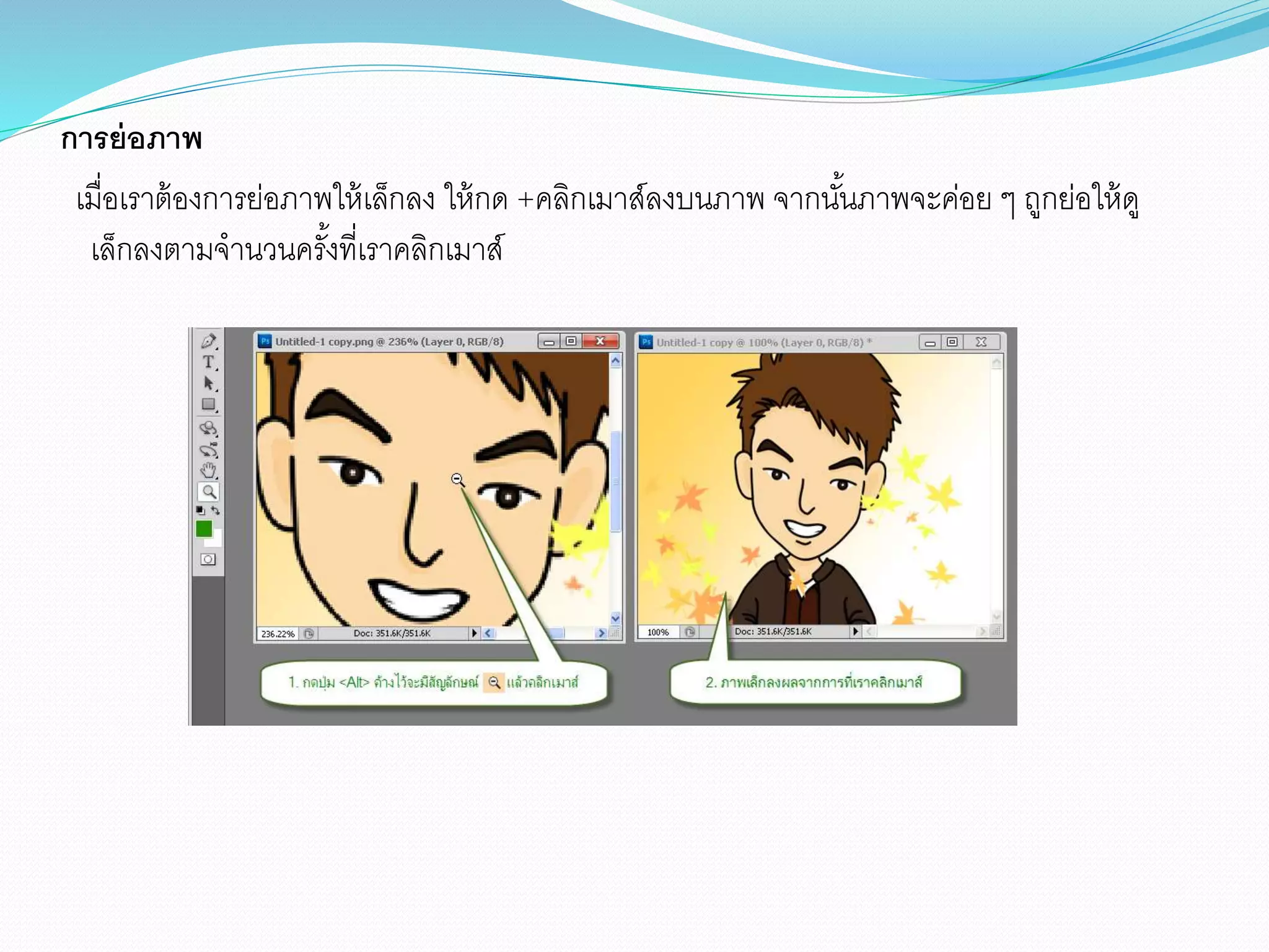 การย่อภาพ
เมื่อเราต้องการย่อภาพให้เล็กลง ให้กด +คลิกเมาส์ลงบนภาพ จากนั้นภาพจะค่อย ๆ ถูกย่อให้ดู
เล็กลงตามจานวนครั้งที่เราคลิกเมาส์
 