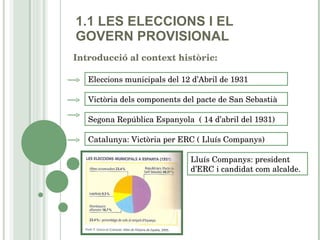 1.1 LES ELECCIONS I EL GOVERN PROVISIONAL Introducció al context històric: Eleccions municipals del 12 d’Abril de 1931 Victòria dels components del pacte de  San Sebastià Segona República Espanyola  ( 14 d’abril del 1931) Catalunya: Victòria per  ERC  ( Lluís Companys) Lluís Companys : president d’ERC i candidat com alcalde. 