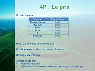 Prix du marché
                 Marque           Prix au Litre
             Monster Energy             3,84€
               Red Bull                 5,22€
                 Burn                   3,80€
                 MDD                    3,56€
                   G                    6,00€
               Chamane                  6,00€



Prix : 2 € pour une bouteille de 33cl

Positionnement : Haut de gamme / Premium

Stratégie d’écrémage

Stratégies de prix :
    Bons de réduction
    Opérations 100% remboursé avec des coupons à renvoyer
 