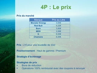 Prix du marché
                 Marque           Prix au Litre
             Monster Energy             3,84€
               Red Bull                 5,22€
                 Burn                   3,80€
                 MDD                    3,56€
                   G                    6,00€
               Chamane                  6,00€



Prix : 2 € pour une bouteille de 33cl

Positionnement : Haut de gamme / Premium

Stratégie d’écrémage

Stratégies de prix :
    Bons de réduction
    Opérations 100% remboursé avec des coupons à renvoyer
 