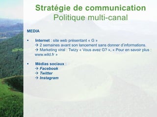 MEDIA

   Internet : site web présentant « G »
     2 semaines avant son lancement sans donner d’informations.
     Marketing viral : Twizy « Vous avez G? », « Pour en savoir plus :
    www.wild.fr »

   Médias sociaux :
     Facebook
     Twitter
     Instagram
 