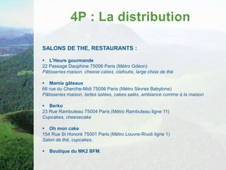 SALONS DE THE, RESTAURANTS :

 L’Heure gourmande
22 Passage Dauphine 75006 Paris (Métro Odéon)
Pâtisseries maison, cheese cakes, clafoutis, large choix de thé

 Mamie gâteaux
66 rue du Cherche-Midi 75006 Paris (Métro Sèvres Babylone)
Pâtisseries maison, tartes salées, cakes salés, ambiance comme à la maison

 Berko
23 Rue Rambuteau 75004 Paris (Métro Rambuteau ligne 11)
Cupcakes, cheesecake

 Oh mon cake
154 Rue St Honoré 75001 Paris (Métro Louvre-Rivoli ligne 1)
Salon de thé, cupcakes.

   Boutique du MK2 BFM.
 