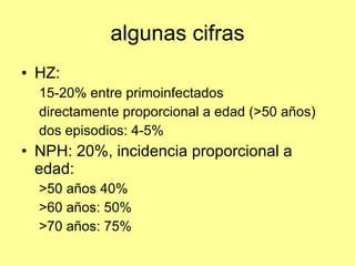 algunas cifras HZ: 15-20% entre primoinfectados directamente proporcional a edad (>50 años) dos episodios: 4-5% NPH: 20%, incidencia proporcional a edad:  >50 años 40% >60 años: 50% >70 años: 75%  