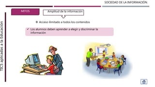 SOCIEDAD DE LA INFORMACIÓN.TICSaplicadasalaEducación
MITOS
 Acceso ilimitado a todos los contenidos
Amplitud de la información
 Los alumnos deben aprender a elegir y discriminar la
información
 