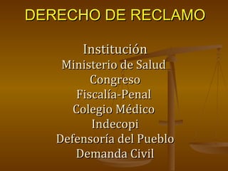 DERECHO DE RECLAMO Institución Ministerio de Salud  Congreso Fiscalía-Penal  Colegio Médico  Indecopi Defensoría del Pueblo Demanda Civil 