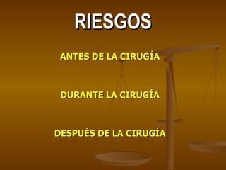 RIESGOS ANTES DE LA CIRUGÍA DURANTE LA CIRUGÍA DESPUÉS DE LA CIRUGÍA 
