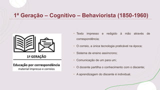 1ª Geração – Cognitivo – Behaviorista (1850-1960)
• Texto impresso e redigido à mão através de
correspondência;
• O correio, a única tecnologia praticável na época;
• Sistema de ensino assíncrono;
• Comunicação de um para um;
• O docente partilha o conhecimento com o discente;
• A aprendizagem do discente é individual.
 