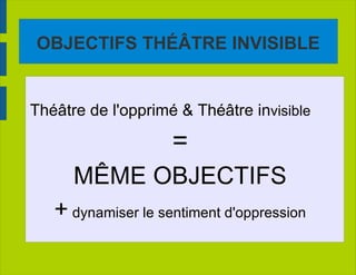 OBJECTIFS THÉÂTRE INVISIBLE Théâtre de l'opprimé & Théâtre in visible = MÊME OBJECTIFS +  dynamiser le sentiment d'oppression 