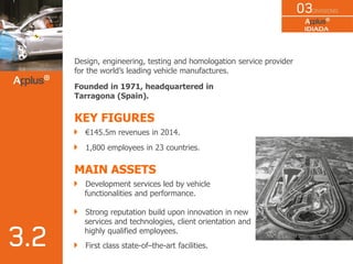 Design, engineering, testing and homologation service provider
for the world’s leading vehicle manufactures.
Founded in 1971, headquartered in
Tarragona (Spain).
KEY FIGURES
€145.5m revenues in 2014.
1,800 employees in 23 countries.
MAIN ASSETS
Development services led by vehicle
functionalities and performance.
Strong reputation build upon innovation in new
services and technologies, client orientation and
highly qualified employees.
First class state-of–the-art facilities.
 