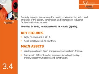 Primarily engaged in assessing the quality, environmental, safety and
efficiency of the design, construction and operation of industrial
facilities and infrastructures.
Founded in 1981, headquartered in Madrid (Spain).
KEY FIGURES
€205.7m revenues in 2014.
4,800 employees in 21 countries.
MAIN ASSETS
Leading position in Spain and presence across Latin America.
Operates in different market segments including industry,
energy, telecommunications and construction.
 