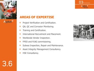 AREAS OF EXPERTISE
Project Verification and Certification.
QA, QC and Corrosion Monitoring.
Training and Certification.
International Recruitment and Placement.
Worldwide Vendor Inspection.
FPSO and FLNG commisioning.
Subsea Inspection, Repair and Maintenance.
Asset Integrity Management Consultancy.
HSE Consultancy.
 