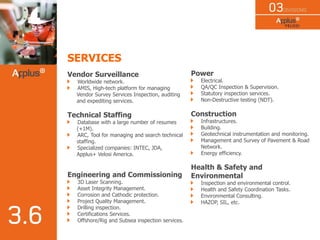 SERVICES
Vendor Surveillance
Worldwide network.
AMIS, High-tech platform for managing
Vendor Survey Services Inspection, auditing
and expediting services.
Technical Staffing
Database with a large number of resumes
(+1M).
ARC, Tool for managing and search technical
staffing.
Specialized companies: INTEC, JDA,
Applus+ Velosi America.
Engineering and Commissioning
3D Laser Scanning.
Asset Integrity Management.
Corrosion and Cathodic protection.
Project Quality Management.
Drilling inspection.
Certifications Services.
Offshore/Rig and Subsea inspection services.
Power
Electrical.
QA/QC Inspection & Supervision.
Statutory inspection services.
Non-Destructive testing (NDT).
Construction
Infrastructures.
Building.
Geotechnical instrumentation and monitoring.
Management and Survey of Pavement & Road
Network.
Energy efficiency.
Health & Safety and
Environmental
Inspection and environmental control.
Health and Safety Coordination Tasks.
Environmental Consulting.
HAZOP, SIL, etc.
 