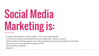 Social Media
Marketing is:
A necessary part of business in today’s market - even for most corporate giants.
A real-time conversation with the people who are your target market - and your customers.
THE most effective and least expensive way to sell more products and recruit more people for your downline.
Easy to learn how to use, especially for people like YOU.
All about human connectioms.
Super fun!
 