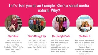 Let’s Use Lynn as an Example. She’s a social media
natural. Why?
She’s Real
Her posts are
really written by
her and they
include “REAL” info
about her “real”
life.
She’s Mixing It Up The Lifestyle Posts
Her posts include
stuff about being a
wife and mom, her
dog, her faith and
more.
Her fun posts make
the R&F lifestyle
look super
appealing, even to
people who don’t
NEED the money.
She Owns It
Her posts represent
her as a person and
prove she is a
human. Even
marketing posts are
at an unintrusive
human level.
 