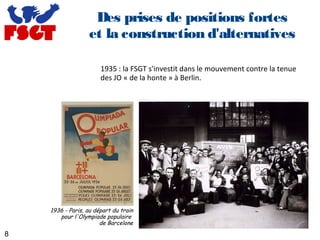 8
Des prises de positions fortes
et la construction d'alternatives
1935 : la FSGT s'investit dans le mouvement contre la tenue
des JO « de la honte » à Berlin.
1936 - Paris, au départ du train
pour l'Olympiade populaire
de Barcelone
 