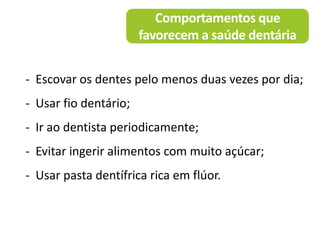 Comportamentos que
favorecem a saúde dentária
- Escovar os dentes pelo menos duas vezes por dia;
- Usar fio dentário;
- Ir ao dentista periodicamente;
- Evitar ingerir alimentos com muito açúcar;
- Usar pasta dentífrica rica em flúor.
 