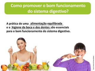 Terra
à
Vista!
6
©
Porto
Editora
Como promover o bom funcionamento
do sistema digestivo?
A prática de uma ___________ __________
e a _________________________são essenciais
para o bom funcionamento do sistema digestivo.
alimentação equilibrada
higiene da boca e dos dentes
 