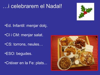 …i celebrarem el Nadal!

•Ed. Infantil: menjar dolç.
•CI i CM: menjar salat.
•CS: torrons, neules…
•ESO: begudes.
•Créixer en la Fe: plats...

 