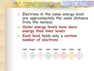  Electrons in the same energy level 
are approximately the same distance 
from the nucleus 
 Outer energy levels have more 
energy than inner levels 
 Each level holds only a certain 
number of electrons 
 