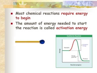  Most chemical reactions require energy 
to begin 
 The amount of energy needed to start 
the reaction is called activation energy 
 