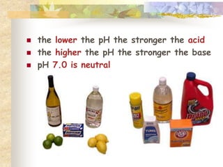  the lower the pH the stronger the acid 
 the higher the pH the stronger the base 
 pH 7.0 is neutral 
 