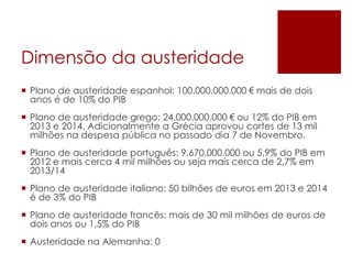 Dimensão da austeridade
 Plano de austeridade espanhol: 100.000.000.000 € mais de dois
anos é de 10% do PIB
 Plano de austeridade grego: 24.000.000.000 € ou 12% do PIB em
2013 e 2014. Adicionalmente a Grécia aprovou cortes de 13 mil
milhões na despesa pública no passado dia 7 de Novembro.
 Plano de austeridade português: 9.670.000.000 ou 5,9% do PIB em
2012 e mais cerca 4 mil milhões ou seja mais cerca de 2,7% em
2013/14
 Plano de austeridade italiano: 50 bilhões de euros em 2013 e 2014
é de 3% do PIB
 Plano de austeridade francês: mais de 30 mil milhões de euros de
dois anos ou 1,5% do PIB
 Austeridade na Alemanha: 0
 