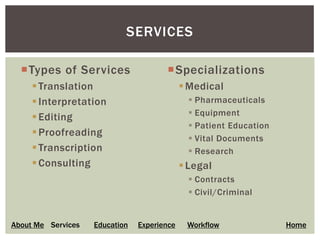 SERVICES

  Types of Services                   Specializations
      Translation                            Medical
      Interpretation                           Pharmaceuticals
                                                Equipment
      Editing
                                                Patient Education
      Proofreading
                                                Vital Documents
      Transcription                            Research
      Consulting                             Legal
                                                Contracts
                                                Civil/Criminal


About Me Services   Education   Experience    Workflow               Home
 
