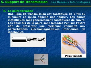 Les Réseaux Informatiques
5. Support de Transmission
II. La paire torsadée
Une ligne de transmission est constituée de 2 fils au
minimum ce qu'on appelle une "paire". Les paires
métalliques sont généralement constituées de cuivre,
Les deux fils de la paire sont torsadés l'un sur l'autre
afin de présenter une meilleure immunité aux
perturbations électromagnétiques intérieures (la
diaphonie).
Paire torsadé
 