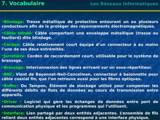 Les Réseaux Informatiques
7. Vocabulaire
•Blindage: Tresse métallique de protection entourant un ou plusieurs
conducteurs afin de le protèger des rayonnements électromagnétiques.
•Câble blindé: Câble comportant une enveloppe métallique (tresse ou
feuillard) dite blindage.
•Cordon: Câble relativement court équipé d’un connecteur à au moins
l’une de ses deux extrémités.
•Jarretière: Cordon de raccordement court, utilisable pour le système de
brassage.
•Brassage: Interconnexion des lignes arrivant sur un sous-répartiteur.
•BNC: Vient de Bayonnet-Neil-Concelman, connecteur à baïonnette pour
câble coaxial fin, que l’on retrouve aussi pour les fibres optiques.
•Buffer: Ou Tampon, Élément de stockage utilisé pour compenser les
différents débits de flots de données au cours de transmission entre
appareils.
•Driver : Logiciel qui gère les échanges de données entre port de
communication physique et les programmes qui l’utilisent.
•Interface: Lien partagé par deux entités adjacentes. L
’ensemble de fils
reliant deux entités adjacentes correspond à une interface physique.
 