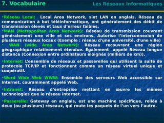 Les Réseaux Informatiques
7. Vocabulaire
•Réseau Local: Local Area Network, siot LAN en anglais. Réseau de
communication à but téléinformatique, ont généralement des débit de
transmission élevés et taux d’erreur faibles.
•MAN (Metropolitan Area Network): Réseau de transmission couvrant
généralement une ville et ses environs. Autorise l’interconnexion de
plusieurs réseaux locaux (Exemple : réseau d'une université, d'une ville)
• WAN (wide Area Network): Réseau recouvrant une région
géographique relativement étendue. Également appelé Réseau longue
distance (Connexion entre ordinateurs éloignés (milliers de km)).
•Internet: L
’ensemble de réseaux et passerelles qui utilisent la suite de
protocole TCP/IP et fonctionnent comme un réseau virtuel unique et
coopératif.
•Word Wide Web WWW: Ensemble des serveurs Web accessible sur
Internet, couramment appelé Web.
•Intranet: Réseau d’entreprise mettant en œuvre les mêmes
technologies que le réseau internet.
•Passerelle: Gateway en anglais, est une machine spécifique, reliée à
deux (ou plusieurs) réseaux, qui route les paquets de l’un vers l’autre.
 