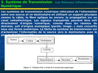 Les Réseaux Informatiques
3. Système de Transmission
Numérique
Les systèmes de transmission numérique véhiculent de l'information
entre une source et un destinataire en utilisant un support physique
comme le câble, la fibre optique ou encore, la propagation sur un
canal radioélectrique. Les signaux transportés peuvent être soit
directement d'origine numérique, comme dans les réseaux de
données, soit d'origine analogique (parole, image...) mais convertis
sous une forme numérique. La tâche du système de transmission est
d'acheminer l'information de la source vers le destinataire avec le
plus de fiabilité possible.
 