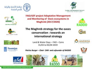 FAO/GEF project Adaptative Management
and Monitoring of Oasis ecosystems in
Maghreb (2017/2020)
The Maghreb strategy for the oases
conservation : towards an
international strategy
Land & Water Days – FAO – Cairo
31/03 to 05/04 2019
Patrice Burger – Chair CARI and cofounder of RADDOPatrice Burger – Chair CARI and cofounder of RADDO
 
