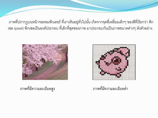 ภาพที่ปรากฏบนหน้าจอคอมพิวเตอร์ ที่เราเห็นอยู่ทั่วไปนั้น เกิดจากจุดสี่เหลี่ยมเล็กๆ ของสีที่เรียกว่า พิก
เซล (pixel) พิกเซลเป็นองค์ประกอบ ที่เล็กที่สุดของภาพ มาประกอบกันเป็นภาพขนาดต่างๆ ดังตัวอย่าง
ภาพที่มีความละเอียดตอ่าภาพที่มีความละเอียดสูง
 