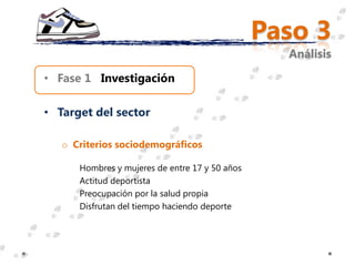 Paso 3
                                                  Análisis

• Fase 1 Investigación

• Target del sector

   o Criterios sociodemográficos

      Hombres y mujeres de entre 17 y 50 años
      Actitud deportista
      Preocupación por la salud propia
      Disfrutan del tiempo haciendo deporte
 