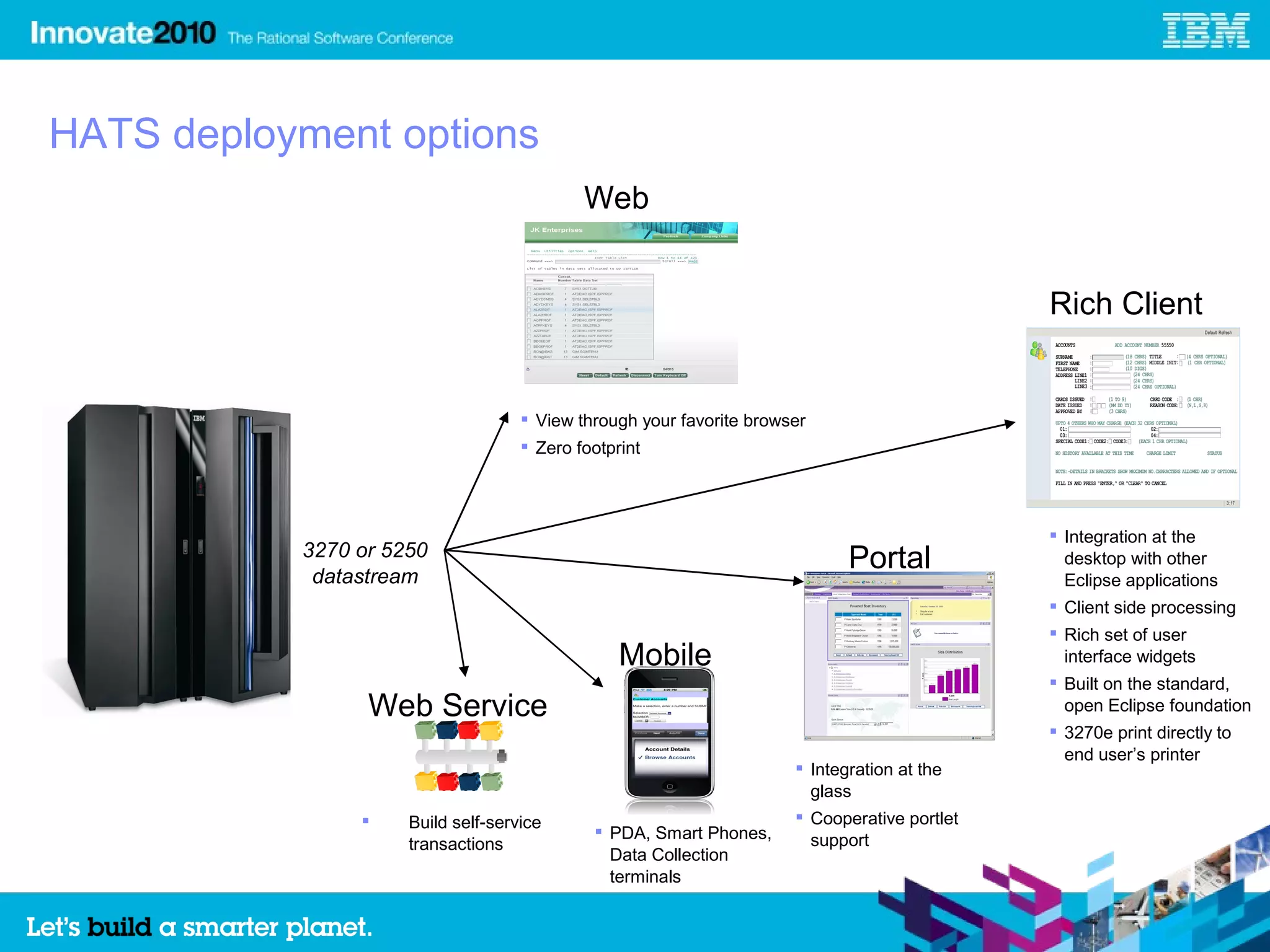 HATS deployment options
                                            Web


                                                                                              Rich Client


                                     View through your favorite browser
                                     Zero footprint




                                                                                               Integration at the
           3270 or 5250
            datastream
                                                                            Portal              desktop with other
                                                                                                Eclipse applications
                                                                                               Client side processing
                                                                                               Rich set of user
                                                Mobile                                          interface widgets
                                                                                               Built on the standard,
                 Web Service                                                                    open Eclipse foundation
                                                                                               3270e print directly to
                                                                                                end user’s printer
                                                                       Integration at the
                                                                        glass
                    Build self-service                                Cooperative portlet
                                              PDA, Smart Phones,       support
                     transactions
                                               Data Collection
                                               terminals

                                                                                                                         6
 