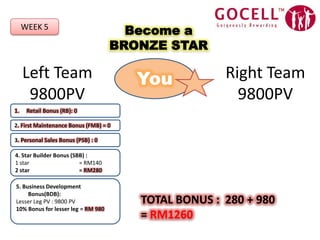 WEEK 5Become a BRONZE STARYouLeft Team9800PVRight Team9800PVRetail Bonus (RB): 02. First Maintenance Bonus (FMB) = 03. Personal Sales Bonus (PSB) : 04. Star Builder Bonus (SBB) :1 star 		= RM1402 star		= RM2805. Business Development Bonus(BDB):Lesser Leg PV : 9800 PV	10% Bonus for lesser leg	= RM 980TOTAL BONUS :  280 + 980= RM1260