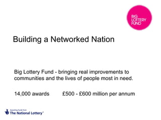 Building a Networked Nation Big Lottery Fund - bringing real improvements to communities and the lives of people most in need. 14,000 awards £500 - £600 million per annum 