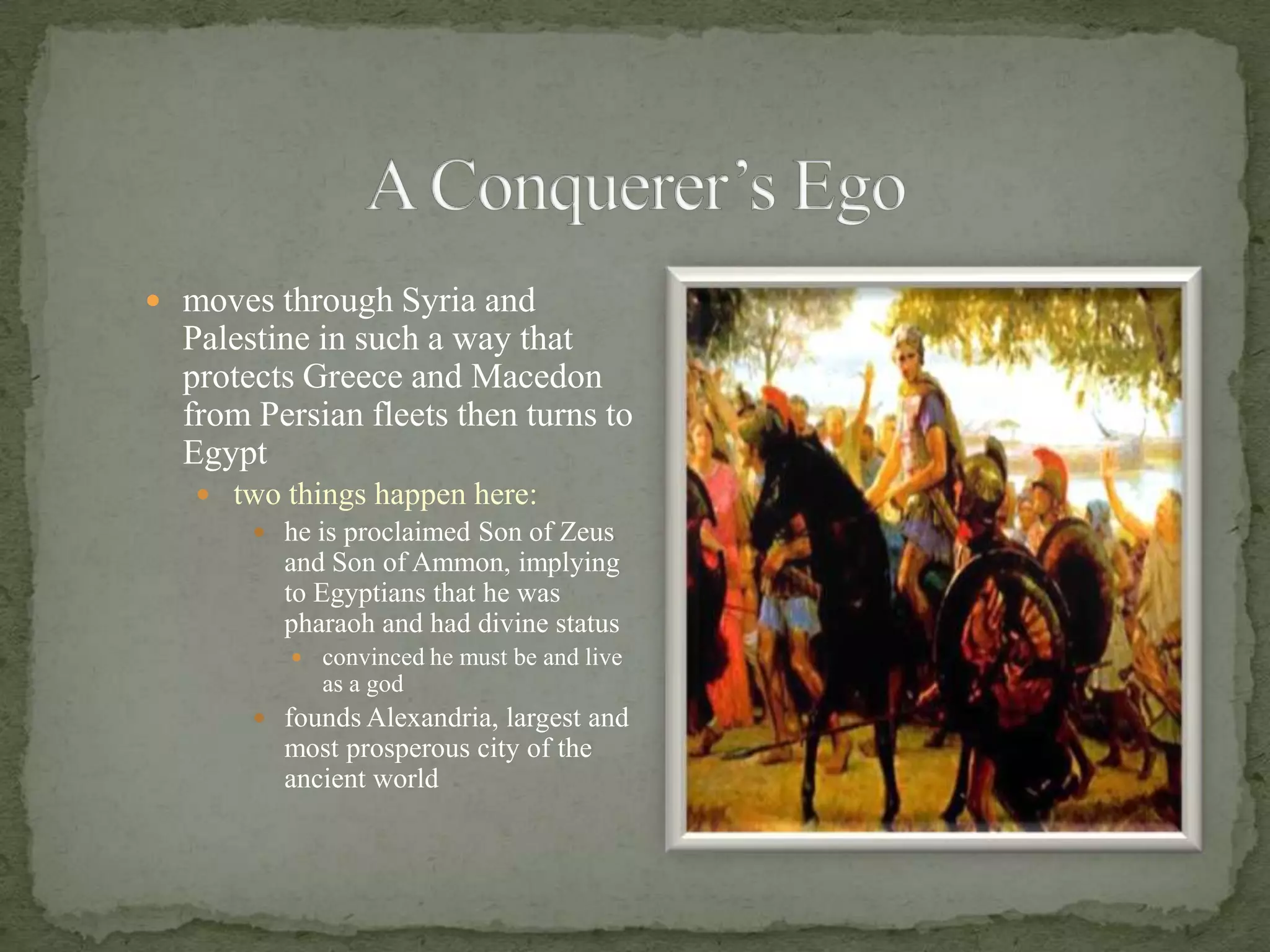Unification and EmpirePhilip realized that he could conquer GRC since it was exhausted and divided338 BC, combined Thebian-Athenian army is defeated at Chaeronea; Philip has conquered GRC b/c it was dividedunited GRC with Macedonia and formed the League of Corinth