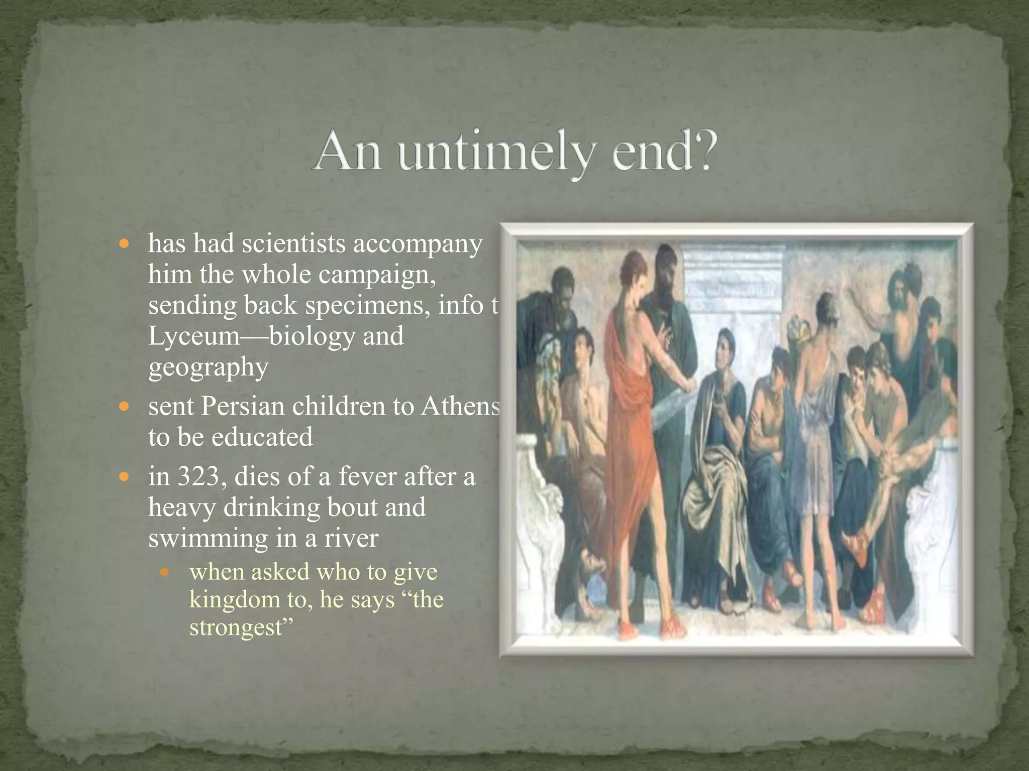 A Conquerer’s Egomoves through Syria and Palestine in such a way that protects Greece and Macedon from Persian fleets then turns to Egypttwo things happen here:he is proclaimed Son of Zeus and Son of Ammon, implying to Egyptians that he was pharaoh and had divine statusconvinced he must be and live as a godfounds Alexandria, largest and most prosperous city of the ancient world