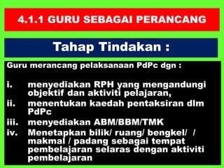 4.1.1 GURU SEBAGAI PERANCANG
Guru merancang pelaksanaan PdPc dgn :
i. menyediakan RPH yang mengandungi
objektif dan aktiviti pelajaran,
ii. menentukan kaedah pentaksiran dlm
PdPc
iii. menyediakan ABM/BBM/TMK
iv. Menetapkan bilik/ ruang/ bengkel/ /
makmal / padang sebagai tempat
pembelajaran selaras dengan aktiviti
pembelajaran
Tahap Tindakan :
 