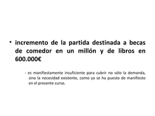 • incremento de la partida destinada a becas
  de comedor en un millón y de libros en
  600.000€
     - es manifiestamente insuficiente para cubrir no sólo la demanda,
       sino la necesidad existente, como ya se ha puesto de manifiesto
       en el presente curso.
 
