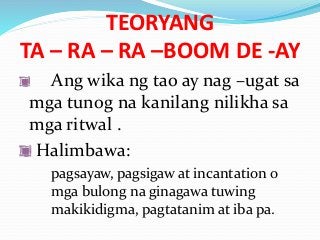 TEORYANG
TA – RA – RA –BOOM DE -AY
Ang wika ng tao ay nag –ugat sa
mga tunog na kanilang nilikha sa
mga ritwal .
Halimbawa:
pagsayaw, pagsigaw at incantation o
mga bulong na ginagawa tuwing
makikidigma, pagtatanim at iba pa.
 