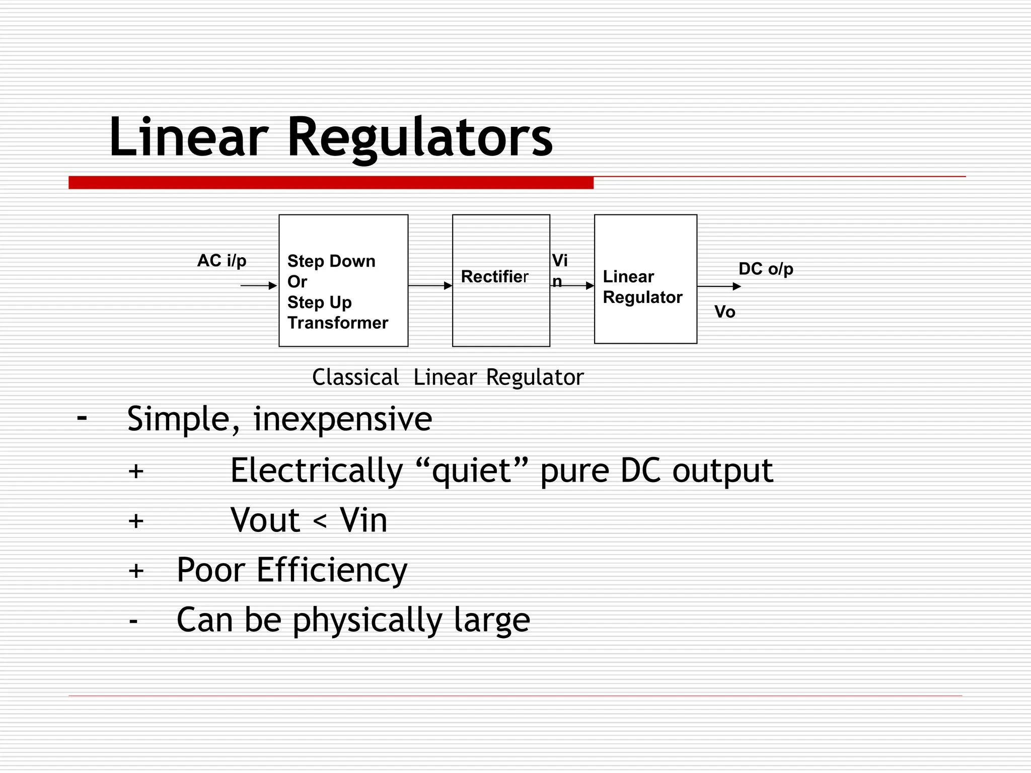 Linear Regulators
- Simple, inexpensive
+ Electrically “quiet” pure DC output
+ Vout < Vin
+ Poor Efficiency
- Can be physically large
Step Down
Or
Step Up
Transformer
Rectifier Linear
Regulator
DC o/p
AC i/p Vi
n
Vo
Classical Linear Regulator
 