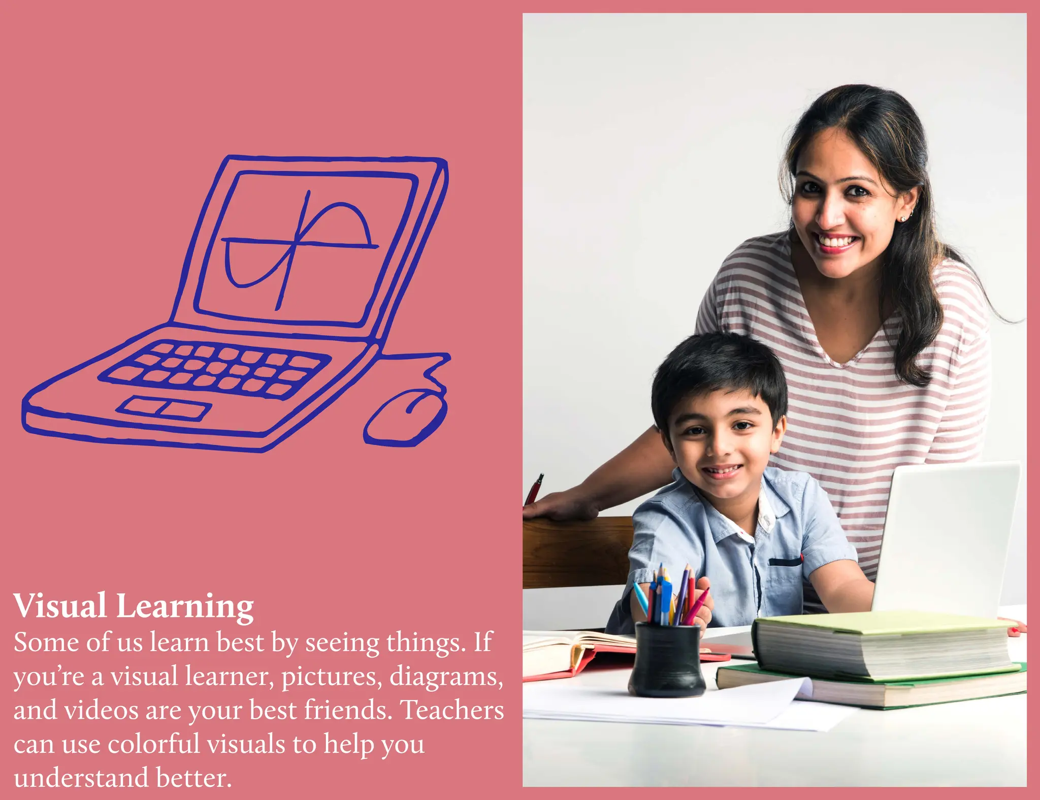 Visual Learning
Some of us learn best by seeing things. If
you’re a visual learner, pictures, diagrams,
and videos are your best friends. Teachers
can use colorful visuals to help you
understand better.
 