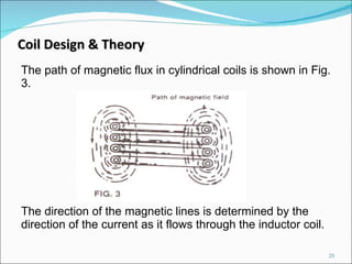 The path of magnetic flux in cylindrical coils is shown in Fig. 3.  The direction of the magnetic lines is determined by the direction of the current as it flows through the inductor coil. Coil Design & Theory 
