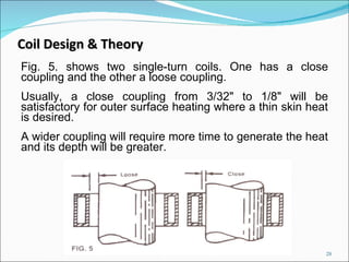 Fig. 5. shows two single-turn coils. One has a close coupling and the other a loose coupling.  Usually, a close coupling from 3/32" to 1/8" will be satisfactory for outer surface heating where a thin skin heat is desired.  A wider coupling will require more time to generate the heat and its depth will be greater. Coil Design & Theory 