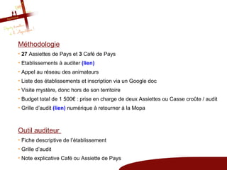Méthodologie
• 27 Assiettes de Pays et 3 Café de Pays
• Etablissements à auditer (lien)
• Appel au réseau des animateurs
• Liste des établissements et inscription via un Google doc
• Visite mystère, donc hors de son territoire
• Budget total de 1 500€ : prise en charge de deux Assiettes ou Casse croûte / audit
• Grille d’audit (lien) numérique à retourner à la Mopa



Outil auditeur
• Fiche descriptive de l’établissement
• Grille d’audit
• Note explicative Café ou Assiette de Pays
 