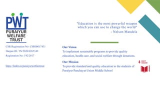 https://linktr.ee/puraiyurwelfaretrust
CSR Registration No: CSR00017431
Darpan ID: TN/2020/0265349
Registration No: 192/2017
"Education is the most powerful weapon
which you can use to change the world"
- Nelson Mandela
Our Vision
To implement sustainable programs to provide quality
education, health care, and social welfare through donations.
Our Mission
To provide standard and quality education to the students of
Puraiyur Panchayat Union Middle School
 