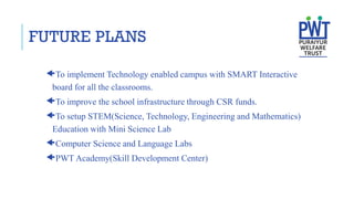 FUTURE PLANS
To implement Technology enabled campus with SMART Interactive
board for all the classrooms.
To improve the school infrastructure through CSR funds.
To setup STEM(Science, Technology, Engineering and Mathematics)
Education with Mini Science Lab
Computer Science and Language Labs
PWT Academy(Skill Development Center)
 