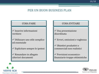 Logo azienda
10/18
PER UN BUON BUSINESS PLAN
 Inserire informazioni
veritiere
 Utilizzare uno stile semplice
ed essenziale
 Esplicitare sempre le ipotesi
 Rimandare in allegato
ulteriori documenti
COSA FARE COSA EVITARE
 Una presentazione
disordinata
 Errori, omissioni e vaghezza
 Obiettivi produttivi e
commerciali non realistici
 Previsioni economico-
finanziarie troppo ottimistiche
 